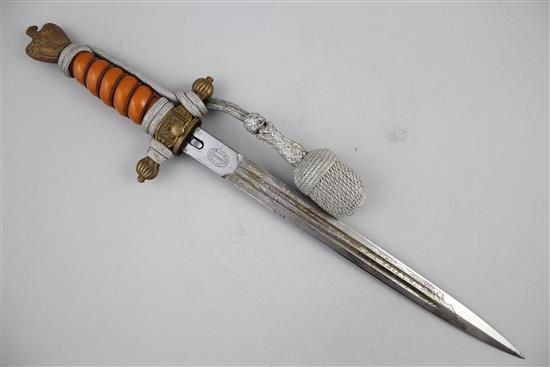 A German WWII Third Reich naval officers dagger, by F.W. Holler Solingen, overall 16.5in.